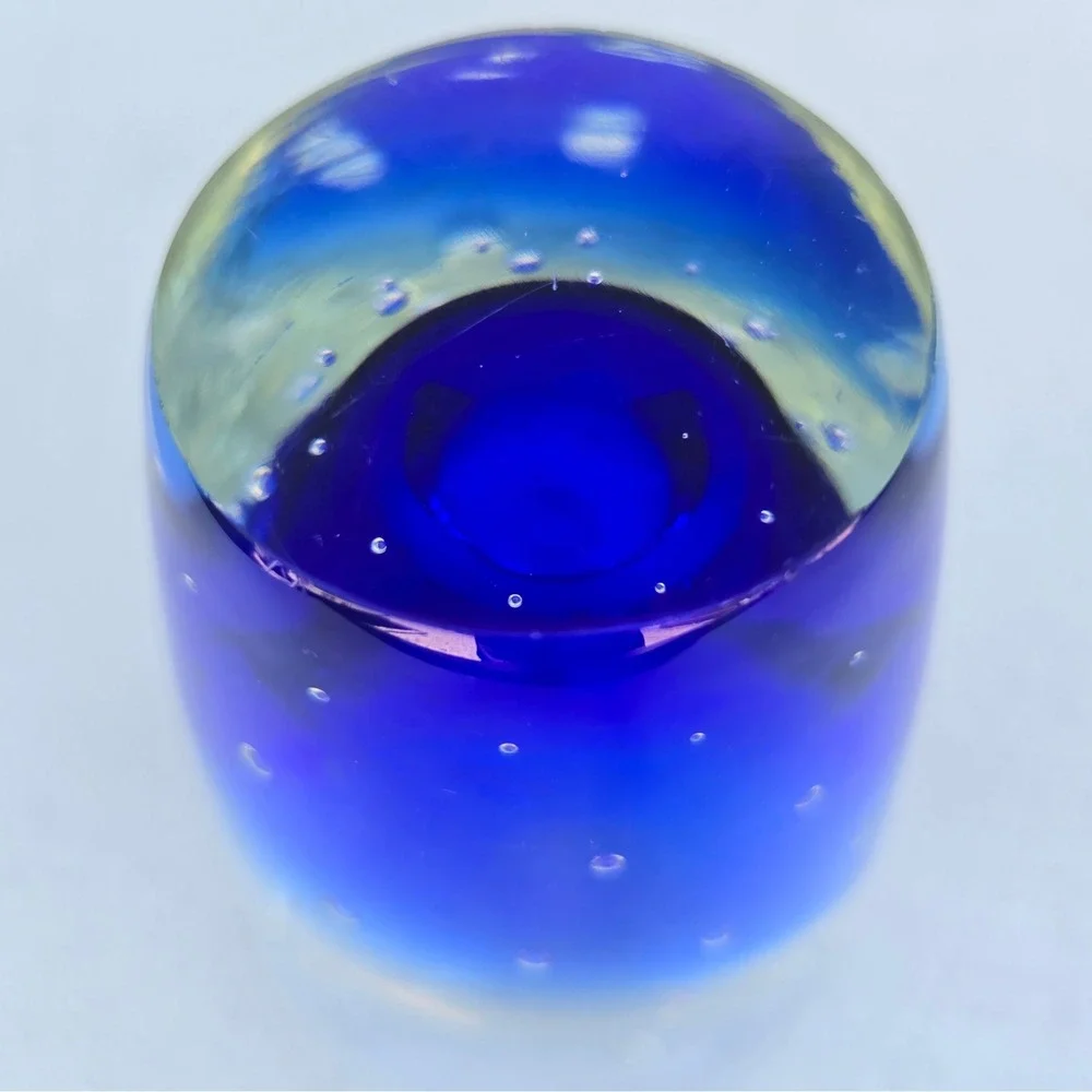 Cobalt Blue Controlled Bubble Art Glass Vase Heavy Clear Glass Bullicante 8in